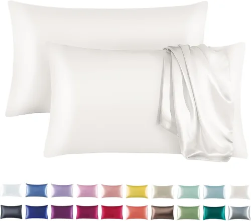 Vista 15 de Tyfitb Juego de 2 fundas de almohada de satén para cabello y piel, color azul bebé, fundas de almohada de enfriamiento tamaño estándar