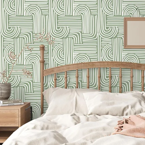 Vista 3 de VEELIKE Papel tapiz geométrico verde salvia para despegar y pegar, papel tapiz geométrico abstracto bohemio para dormitorio, baño, pared decorativa