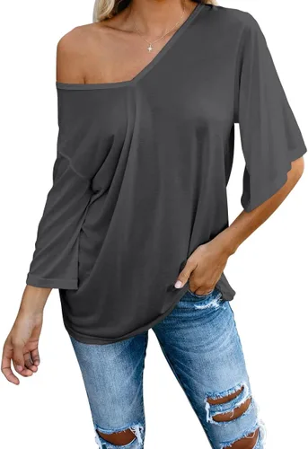 Vista 5 de cordat Blusa suelta para mujer, cuello en V, manga 34 acampanada, longitud hasta el codo, camisetas para mujer