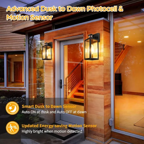 Vista 4 de Paquete de 2 luces para exteriores con sensor de movimiento, lámparas de pared actualizadas del atardecer al amanecer, luces de pared con sensor