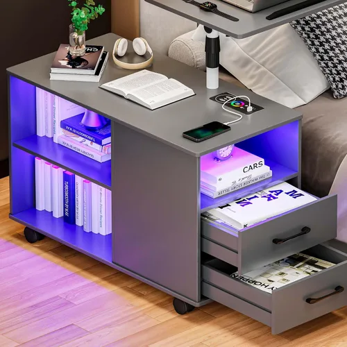 Vista 9 de Mesita de noche ajustable en altura con estación de carga, mesita de noche giratoria con luces LED, mesa auxiliar inteligente con sensor automático
