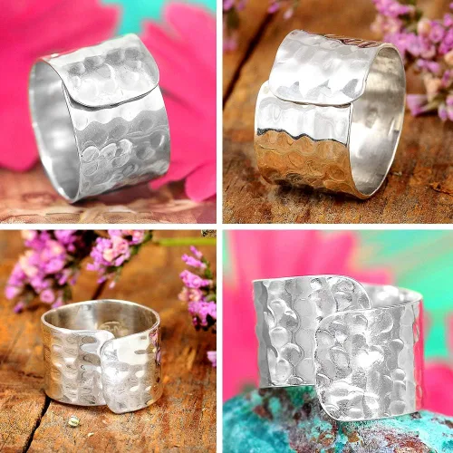 Vista 4 de Boho-Magic Anillo de plata de ley 925 para mujer, diseño de pulgar, ancho martillado, ajustable, Metal