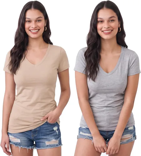 Vista 130 de Emmalise Camiseta de manga corta para mujer, cuello en V, tallas junior y plus