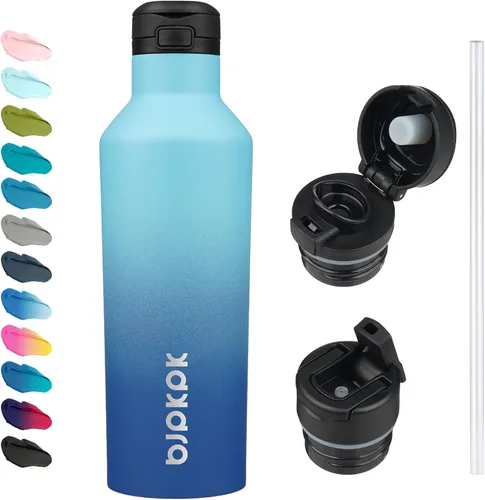 Vista 14 de BJPKPK Botella de agua aislada con pajilla, botellas de agua de acero inoxidable de 17 onzas con 2 tapas y asa de transporte, botella térmica