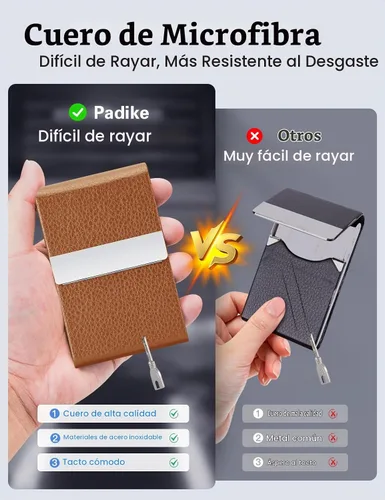 Vista 3 de Padike - Tarjetero de cuero para tarjetas de presentación, estuche metálico para tarjetas de nombre, tarjetero profesional delgado con cierre