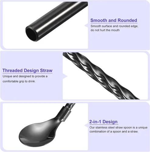 Vista 3 de uxcell Pajitas de cuchara de acero inoxidable, 4 pajitas de metal reutilizables de 8.6 pulgadas con mango largo para batidos y cócteles, color negro