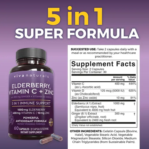 Vista 2 de Viva Naturals Baya de saúco negro de 1000 mg con vitamina C, D3 5000 UI y zinc, suplemento de apoyo inmunológico 5 en 1 para adultos, cápsulas