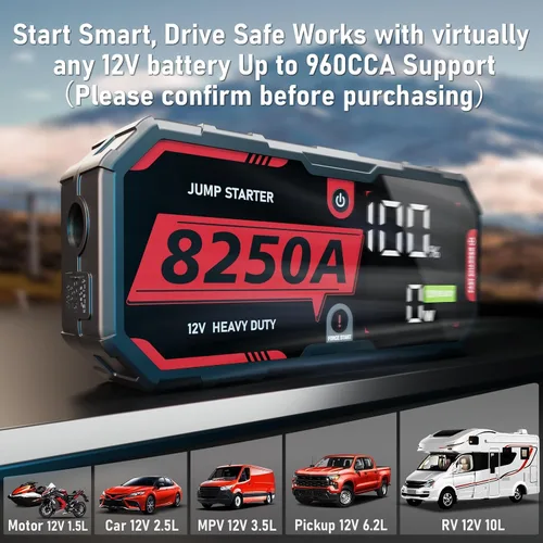 Vista 3 de 8250A Arrancador de Salto Arrancador de Puente Portátil Paquete de Batería (Hasta 10L de Gasolina / 6.5L de Diesel), 2 Bancos de Energía USB-C