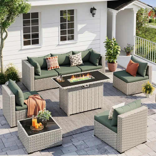 Vista 10 de UDPATIO Juego de muebles de patio al aire libre, sofá seccional modular de 7 piezas con mesa de té, juego de conversación al aire libre de mimbre PE