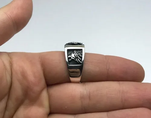 Vista 7 de Anillo de plata de ley 925K con motivo de león y piedra de ónix para hombre, Plata