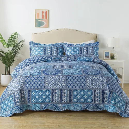 Vista 12 de Juego de cama de dos piezas, tamaño individual, de microfibra, reversible, de retazos, estilo floral, todas las estaciones, patrón de porcelana azul
