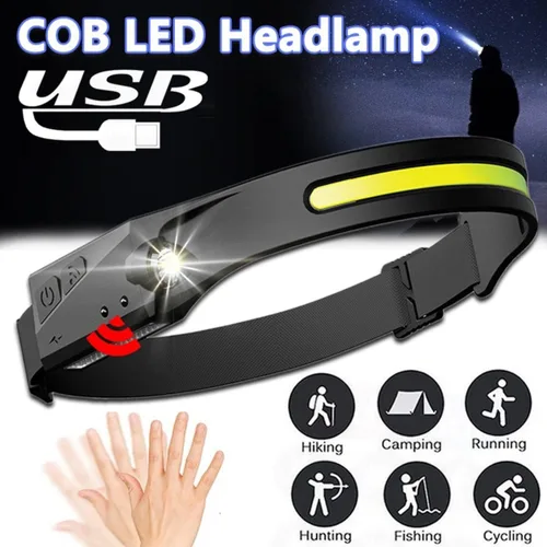 Vista 2 de Linterna frontal LED recargable, 230 luces anchas, 5 modos de luz dinámica, sensor de movimiento, impermeable, diadema ajustable, 1200 lúmenes