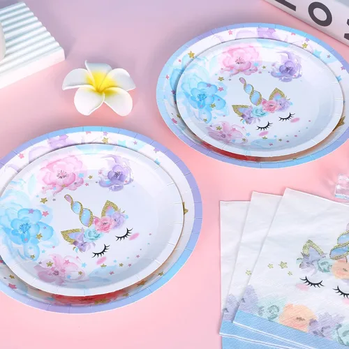 Vista 6 de Decoraciones de fiesta de cumpleaños de unicornio, platos de unicornio arcoíris y servilletas para niñas, decoración de cumpleaños, tarde, té