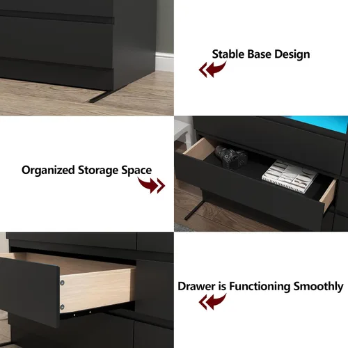 Vista 8 de Loomie Cómoda de 6 cajones para dormitorio, cómoda ancha con estación de carga y luces LED, muebles de dormitorio tradicionales, tocador