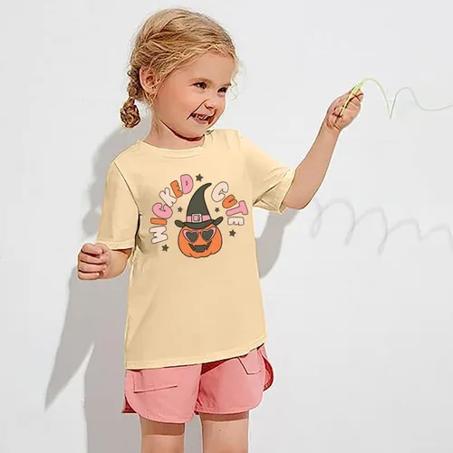 Vista 3 de Wicked - Lindas camisetas retro de Halloween para niños y niñas pequeñas con diseño de cara de calabaza, camiseta de manga corta para otoño