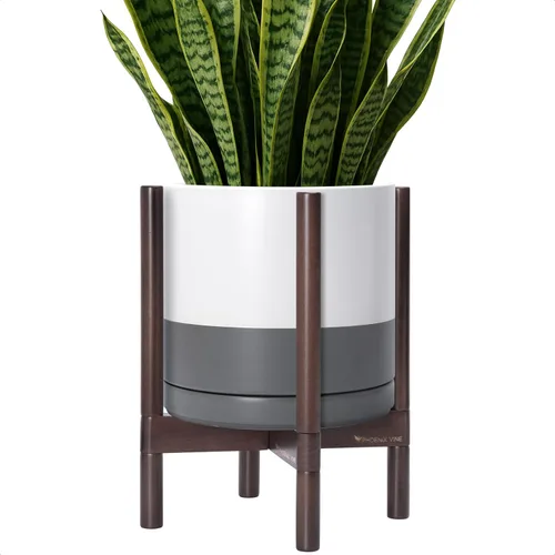 Vista 46 de D'vine Dev Maceta de cerámica con soporte de ébano – Maceta redonda moderna de 8 pulgadas con soporte para maceta de madera, color negro, 55-B-M-2