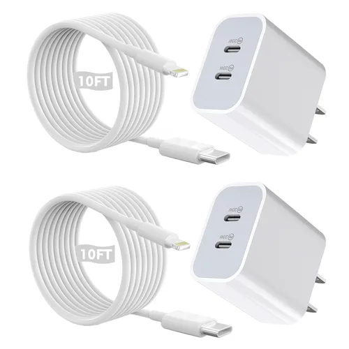 Vista 8 de Cargador rápido para iPhone, [certificado MFi] 2 paquetes de 20 W de doble puerto PD/QC3.0 USB C cargador de pared con cable USB C a Lightning de 6