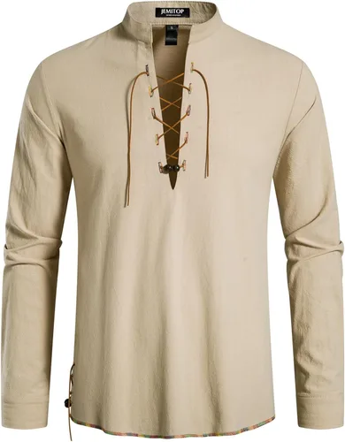 Vista 42 de JEMITOP Men's Pure Cotton Renaissance Lace Up Shirt Verde militar