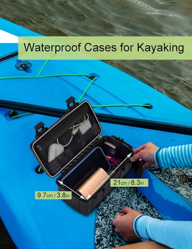 Vista 4 de Caja seca impermeable para kayak, caja de almacenamiento flotante de ABS con bisagra de acero inoxidable y bolsillo de malla, caja impermeable