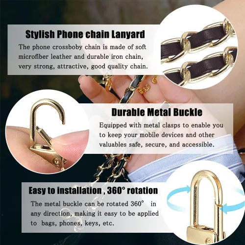 Vista 2 de Cadena cruzada para teléfono Cordón para teléfono celular, Correa universal de cuero + metal para el hombro con parches de sujeción para teléfono (A)