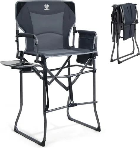 Vista 20 de EVER ADVANCED Silla alta de textileno para campamento, silla de directores de malla, taburete de bar plegable alto con mesa auxiliar