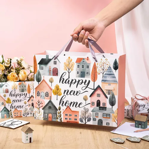 Vista 5 de WRAPAHOLIC Bolsa de regalo de 13 pulgadas con tarjeta y papel de seda, bolsas de papel de diseño Greeny House para inauguración de la casa, regalo