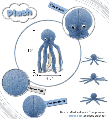 Vista 3 de DolliBu Peluche súper suave de peluche de pulpo azul regalo - 15 pulgadas