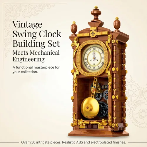 Vista 3 de Juego de construcción de reloj oscilante retro vintage, relojes de péndulo, juguetes de bloques de construcción con kit de modelo mecánico funcional