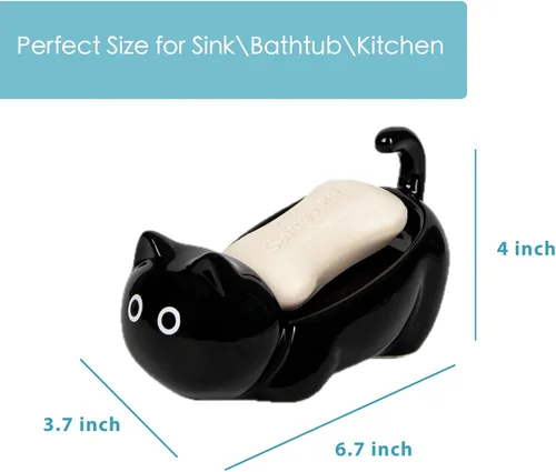 Vista 6 de Jabonera de cerámica para gatos, barra autodrenante para ducha, bandeja de jabón decorativa para lavabo de baño, encimera de cocina, bandeja Negro