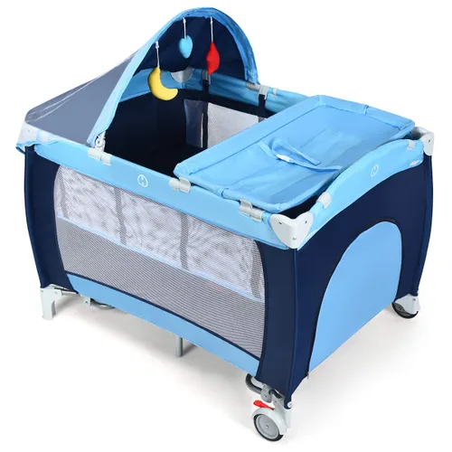 Vista 9 de HONEY JOY Empaca y juega con moisés, 4 en 1 portátil para bebé con cambiador, red y juguetes lindos, bolsa de almacenamiento de pañales, caja de Azul