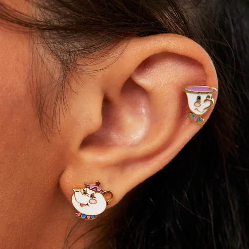 Vista 2 de Disney Beauty and the Beast Chip and Mrs Potts - Aretes de tuerca de plata de ley Plata de ley no conocido