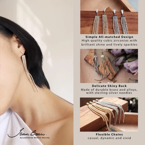 Vista 3 de JeanBeau - Aretes colgantes de cadena de borla para mujer, brillantes circonias cúbicas con diamantes de imitación, candelabro de novia, joyería