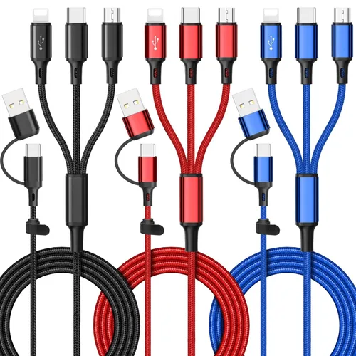 Vista 8 de Cable de carga múltiple 6 en 1 [3 unidades de 4 pies] Cable de carga rápida de nailon trenzado múltiple USB A/C a teléfono USB C/Micro USB/i-P Cable