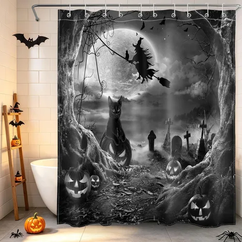 Vista 23 de LB Cortina de ducha espeluznante de Halloween, árbol muerto espeluznante con tela de araña de murciélago, cortina de ducha de baño con temática