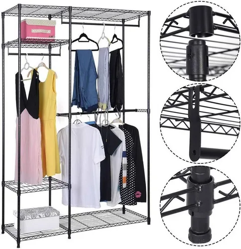 Vista 2 de Percheros de alambre para colgar ropa, perchero resistente con 4 estantes, percheros de metal para colgar ropa con 3 barras de colgador, 47.3