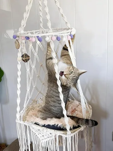 Vista 7 de KARCEEY Cama colgante para gatos, hamaca de macramé para gatos, cama columpio bohemia con alfombrilla de hierba gatera