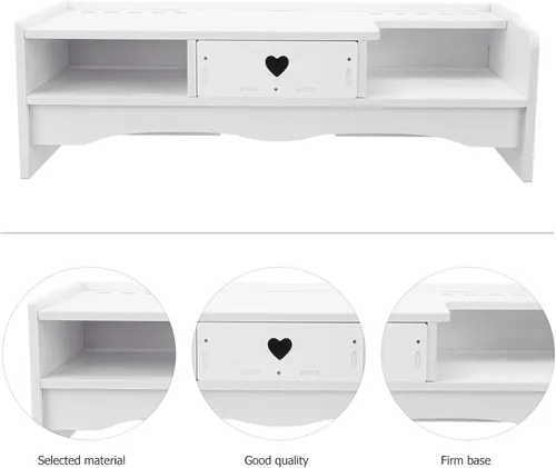 Vista 4 de Elevador de monitor de computadora de estilo con cajón de almacenamiento, soporte elevado compacto para escritorio de oficina, estante de tableta