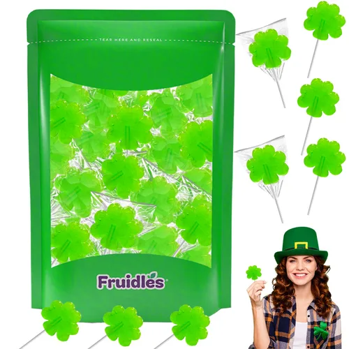 Vista 3 de Día de San Patricio 25 paletas de trébol verde, chupones de dulces de trébol, recuerdo de fiesta, envueltas individualmente (paquete de 25) sabor