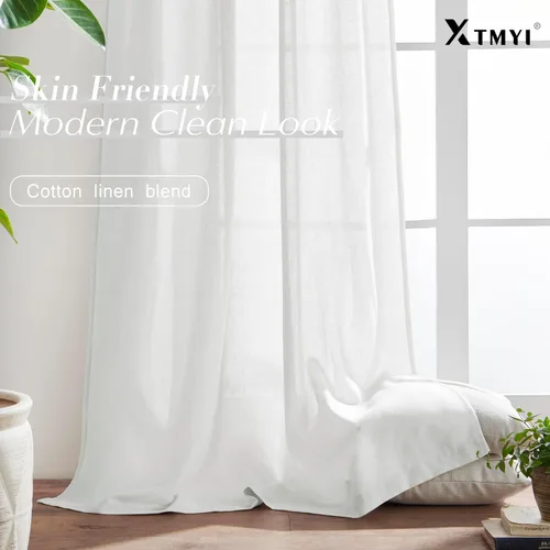 Vista 33 de XTMYI - Cortinas transparentes de 54 pulgadas de largo, juego de 2 paneles para baño, cortinas cortas de lino y algodón con semi privacidad