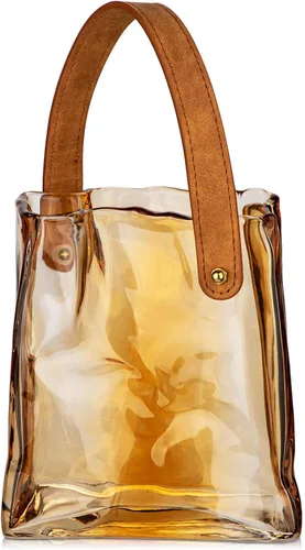Vista 6 de Florero de bolso de cristal para flores, floreros de ámbar para centros de mesa, florero de bolsa de cristal con asa de cuero, floreros pequeños