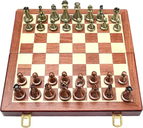 Vista 2 de Juego de ajedrez, grande de metal de lujo de ajedrez retro chapado en cobre aleación de ajedrez adulto juego de mesa portátil caja de madera