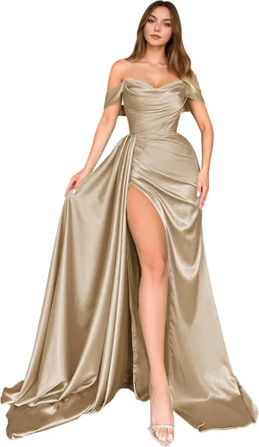 Vista 20 de Dream Wedding Vestidos de fiesta de satén con hombros descubiertos con Agua