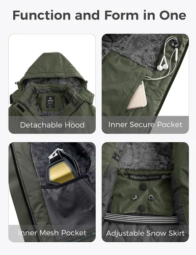 Vista 6 de Wantdo - Chaqueta de esquí impermeable para mujer, abrigo de invierno cálido y resistente al viento, abrigos de nieve