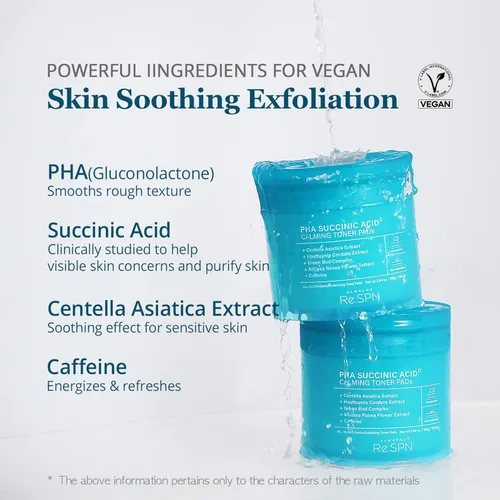 Vista 3 de Re.SPN PHA Almohadillas de Tóner Calmante con Ácido Succínico – Exfoliación, Hidratación y Calmante Diario con CICA, Cafeína, No Comedogénico