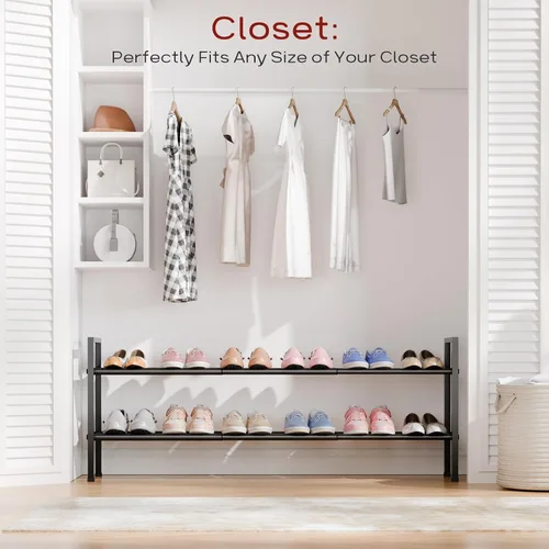 Vista 2 de Bumusty estante de zapatos de 2 niveles largo y expandible para clóset, estante de zapatos ajustable de 46-112 cm para entrada, estante organizador