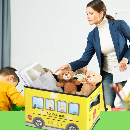 Vista 6 de Sweetude Caja del tesoro de autobús escolar de 2 piezas para el aula, caja plegable de almacenamiento de juguetes con tapa, organizador de tesoros