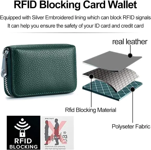 Vista 3 de Tarjetero RFID de cuero genuino para tarjetas de crédito con cremallera, Moderno