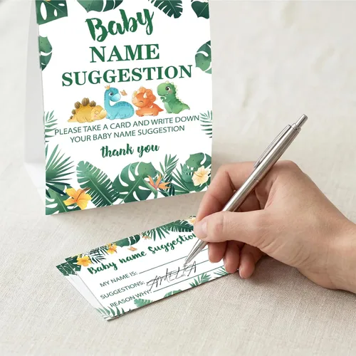 Vista 4 de DETIHO Tarjetas de juego de dinosaurio para baby shower, 1 letrero de sugerencia de nombre de bebé con 50 tarjetas de relleno, juego de fiesta