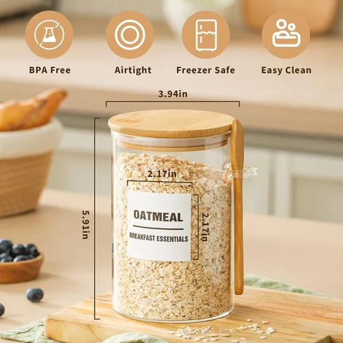 Vista 3 de Paquete de 6 tarros de vidrio de 32 onzas con tapas de bambú, recipientes de almacenamiento de vidrio con tapas, tarro hermético transparente