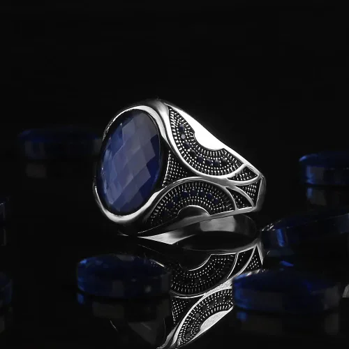 Vista 4 de Anillo de plata de ley 925 para hombre con piedra preciosa de zafiro, anillo de plata grabado hecho a mano, regalo para él, anillo de plata